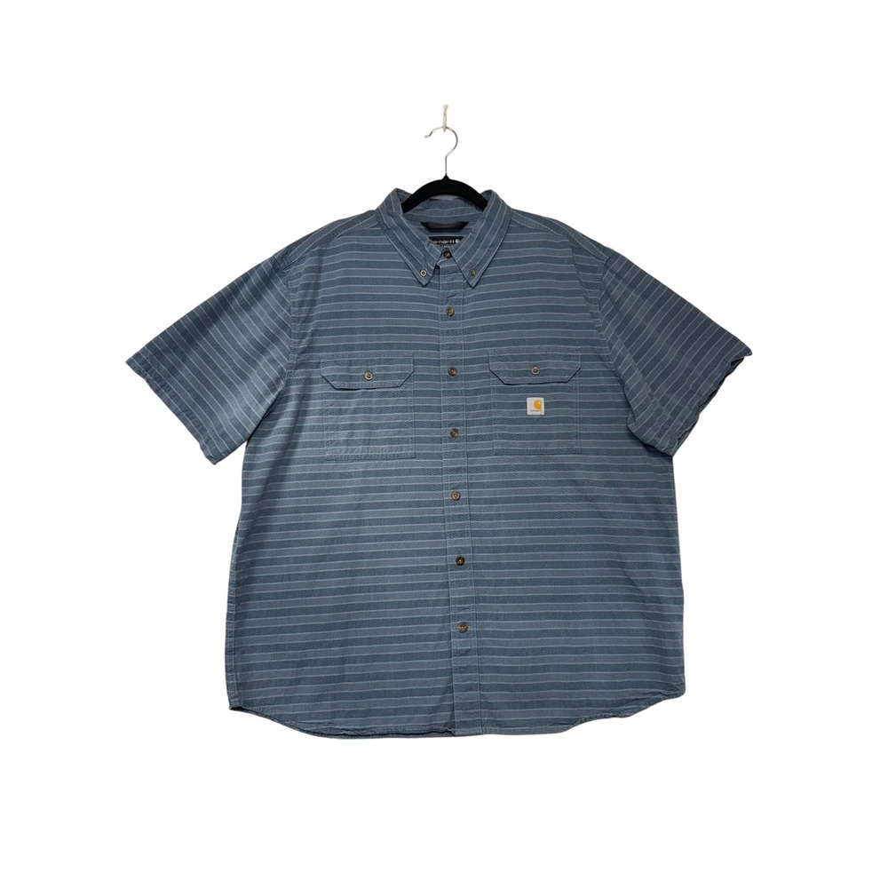 Carhartt Mens XL Loose Fit Short Sleeve Button Down Shirt Blue Gray Striped
